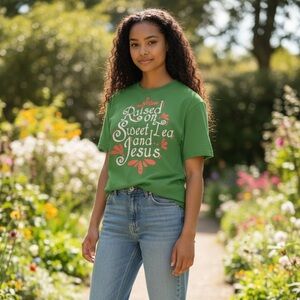 Adult Woman T-Shirt Raised on Sweet Tea and Jesus"